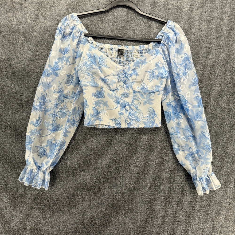 Womens Blouse Top‎ XS White Blue Floral Babydoll Cropped Fairy Romantic Coquette